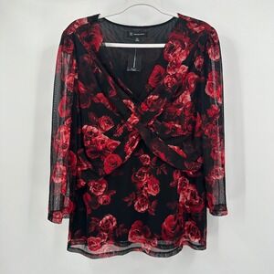 Womens Romantic Noir Top Size XXL Black Red Rose Mesh Twist‎ Front Moody Evening